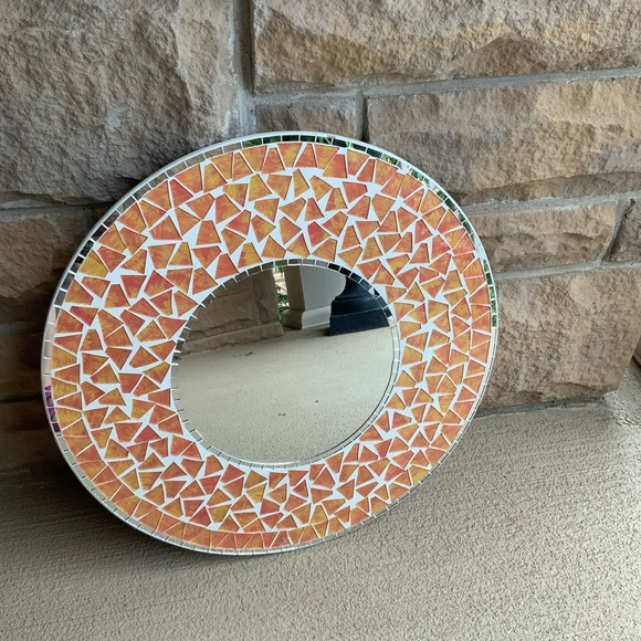 Vintage Early 2000’S Mosaic Tile Orange Round Ceramic Wall Mirror 19” Diameter - Picture 7 of 12